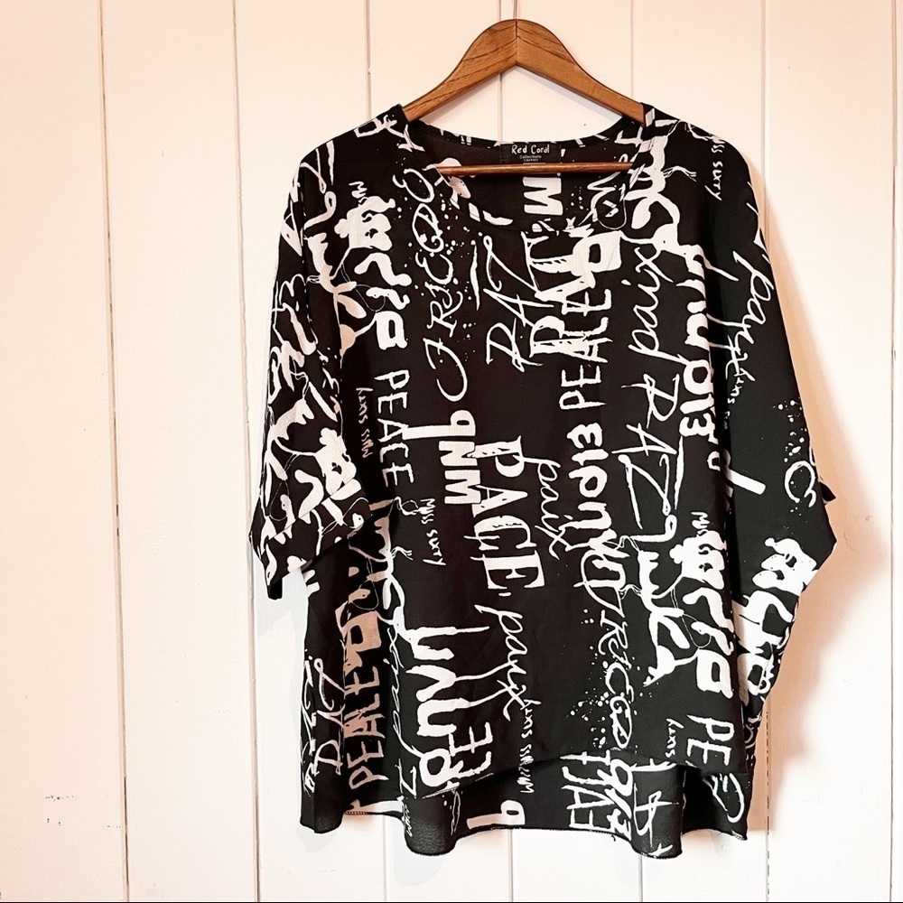 Red Coral Black and White Oversized Slouchy Top. Graphic Print.